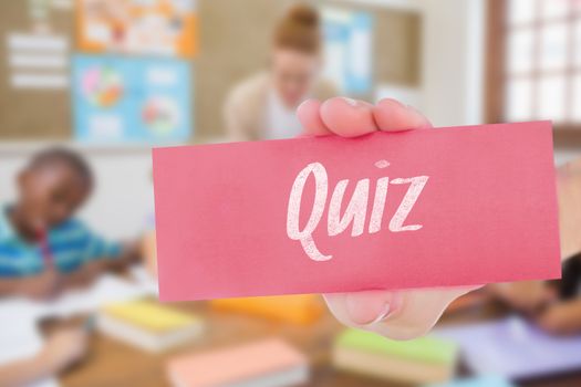 Quiz against pretty teacher helping pupils in classroom