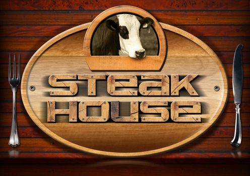 Steak House - Sign with Cow and Cutlery