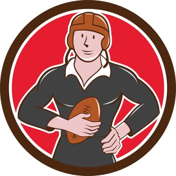 Vintage NZ Rugby Player Hold Ball Circle Cartoon