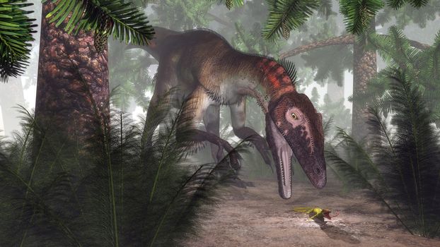 Utahraptor dinosaur hunting a gecko - 3D render