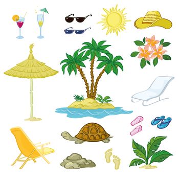 Exotic and Beach Objects Set, Sun, Palm Trees on the Island, Flowers, Leaves, Glasses, Hat, Umbrella, Beach Chair, Turtle, Slippers, Stones, Footprints in the Sand Isolated on White Background. 