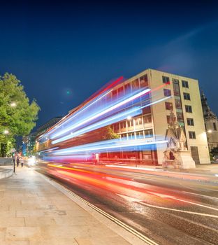 Double Decker bus light trails in London streets