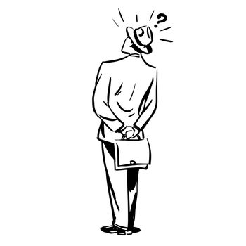 Misunderstanding questions businessman standing with his back