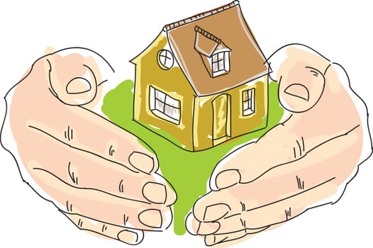 Drawn colored humans hands holding house