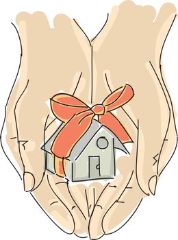 Drawn humans hand holding house with ribbon