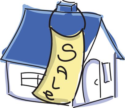Drawn colored house with blue roof for sale