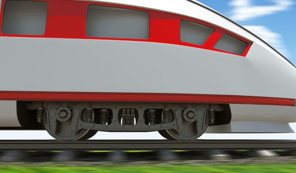 Modern train moving on rail-tracks, close-up view