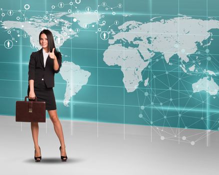 Businesswoman with suitcase on map background