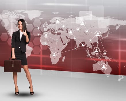 Businesswoman with suitcase on red map background