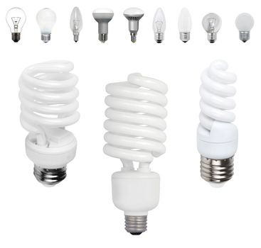 Different old types of bulbs and modern light-bulb