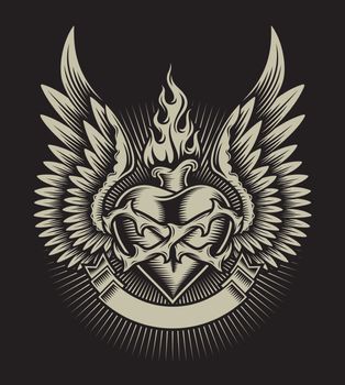 Winged Burning Heart With Thorns and Ribbon