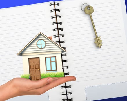 Humans hand holding house with notebook