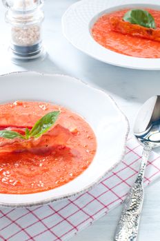 Cold tomato soup with crispy prosciutto