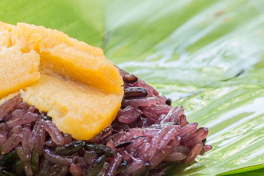 Black Sticky rice with custard, wrapped in banana leaves