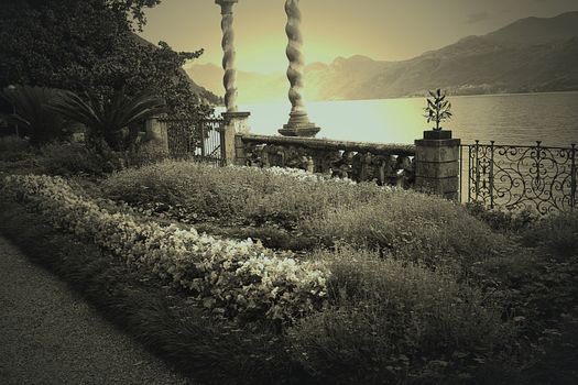 Flowers on Lake Como,in sepia color