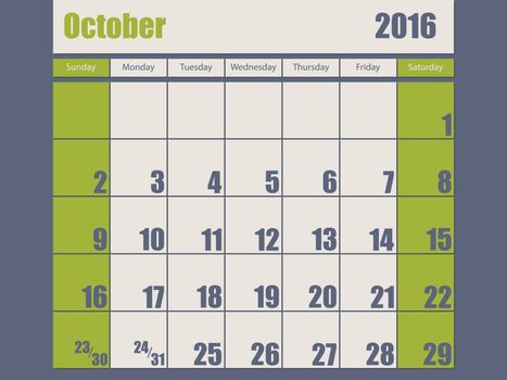 Blue green colored 2016 october calendar