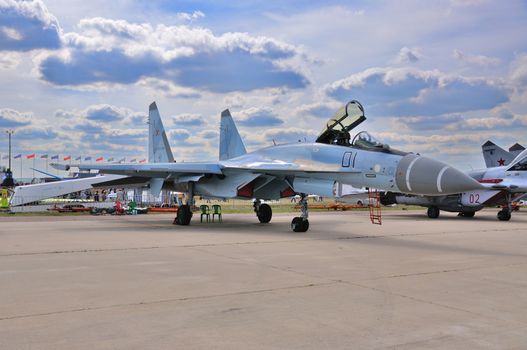 MOSCOW, RUSSIA - AUG 2015: multirole fighter aircraft Su-35 Flan