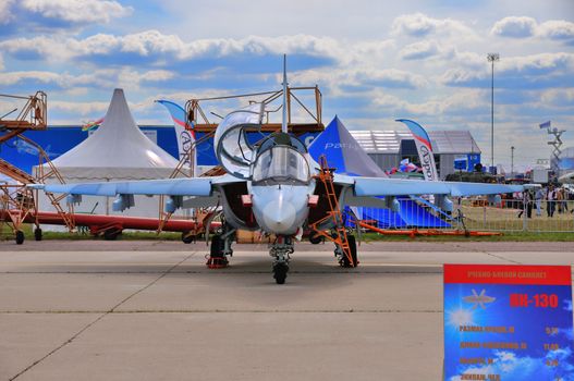 MOSCOW, RUSSIA - AUG 2015: attack aircraft Yak-130 Mitten presen
