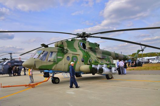 MOSCOW, RUSSIA - AUG 2015: transport helicopter Mi-17 Hip presen