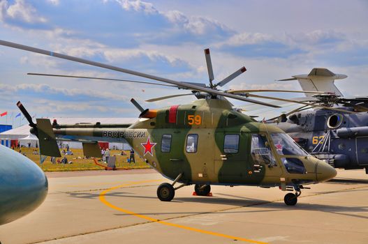 MOSCOW, RUSSIA - AUG 2015: transport helicopter Mi-38 presented 