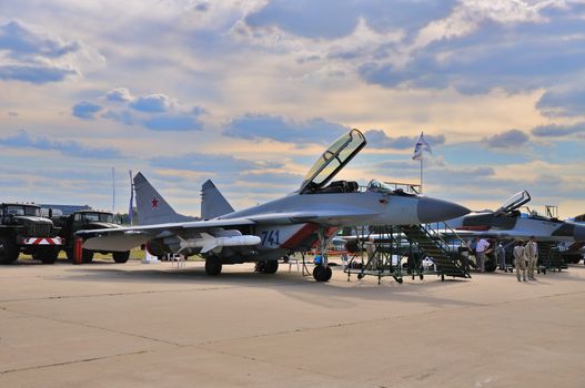 MOSCOW, RUSSIA - AUG 2015: fighter aircraft MiG-29 Fulcrum prese