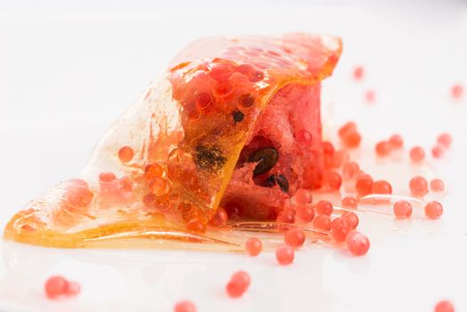 honey wrap with watermelon and strawberry caviar - molecular gas