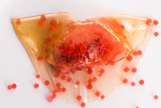 honey wrap with watermelon and strawberry caviar - molecular gas