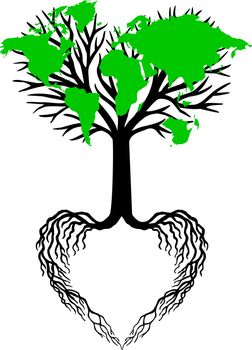 heart tree with green world map, vector