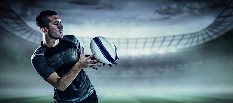 Composite image of sports player catching the ball