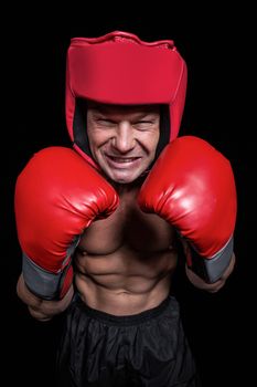 Angry boxer with gloves and headgear
