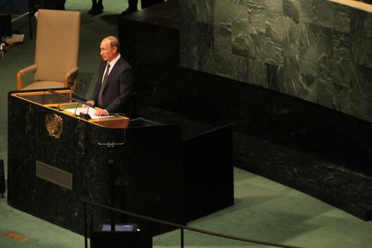UNITED STATES, New York: Russian president Vladimir Putin addresses the United Nations general assembly in New York City on September 28, 2015. This is the first time the Russian president has attended the UN general assembly in more than a decade.  