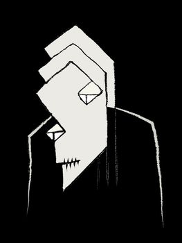 Pencil drawing artwork depicting a grey vampire with sad expression looking isolated in black background