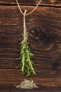 Fresh and dry rosemary herb on rustic wooden background. Culinary aromatic herbs.