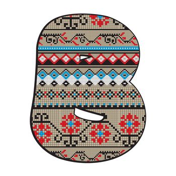 Ethno decorated original font, pixel art model inspired by a Balkan motif over a funny fat capital letter B isolated on white