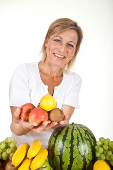 Fruits and blond cute woman
