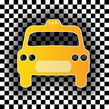 Taxi cab shaped badge on checkered background