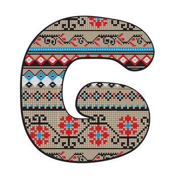 Decorated original font, pixel art ethnic model inspired by a Balkan motif over a funny fat capital letter G isolated on white
