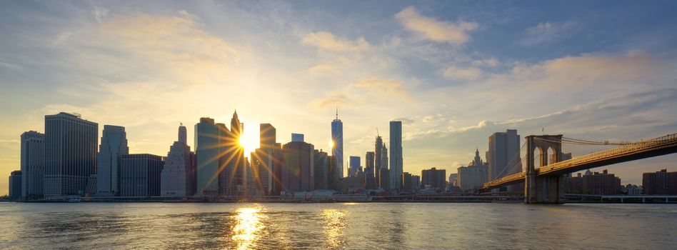 Panoramic view of Manhattan at sunrise, New York City. 