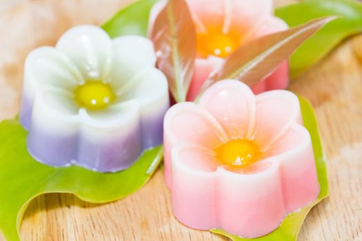 Thailand tradition ,Flower Dessert Coconut Jelly on wood 