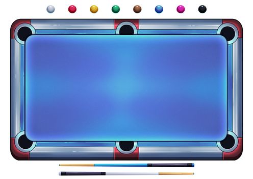 Illustration: Pool Table with Balls and Cue Sticks isolated on White Background. Fantastic Cartoon Style Game Element Design.