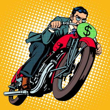 Businessman on a motorcycle. Financial success pop art retro style. The dollar sign instead of the number of transport