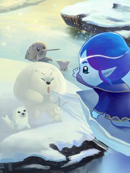Illustration: The Polar Animals sent Ice Princess Away. Ice riversides, Pole Bear, Gold Seal Pup, Elephant Unicorn Seal. Fantastic Cartoon Style Scene Wallpaper Background Design.