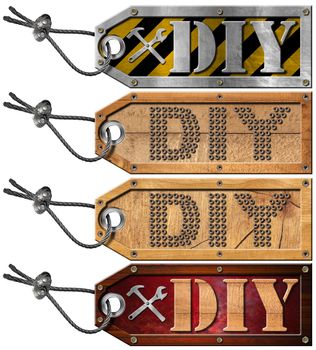 Collection of four metallic and wooden labels for Diy store with steel cable. Isolated on white background