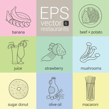 vector set food meal dish restaurant icons pack for design menu categories for catering companies. pictograms of desserts, loaf, coffee, etc