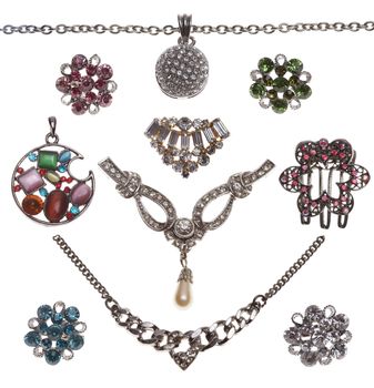 collection of jewelery bijouterie isolated of white