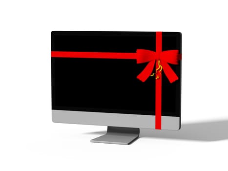 monitor wrapped with color ribbon