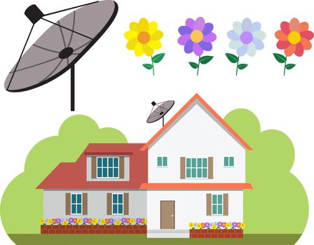 House with satellite dish and flower garden in flat style