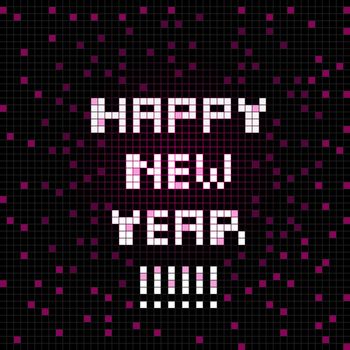 Happy New Tear greetings card, pixel illustration of a scoreboard composition with digital text and confetti