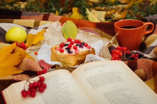 Romantic autumn still life with open book, plaid, cake, coffee cup , berries and leaves