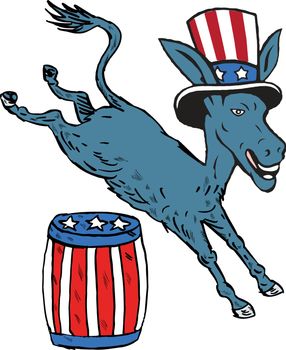 Democrat Donkey Mascot Jumping Over Barrel Cartoon